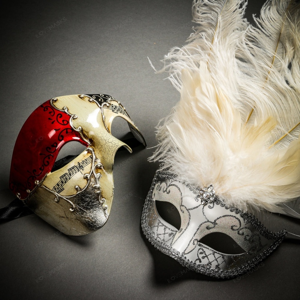 Venetian Silver Mardi Musical Red Gold Couple mask